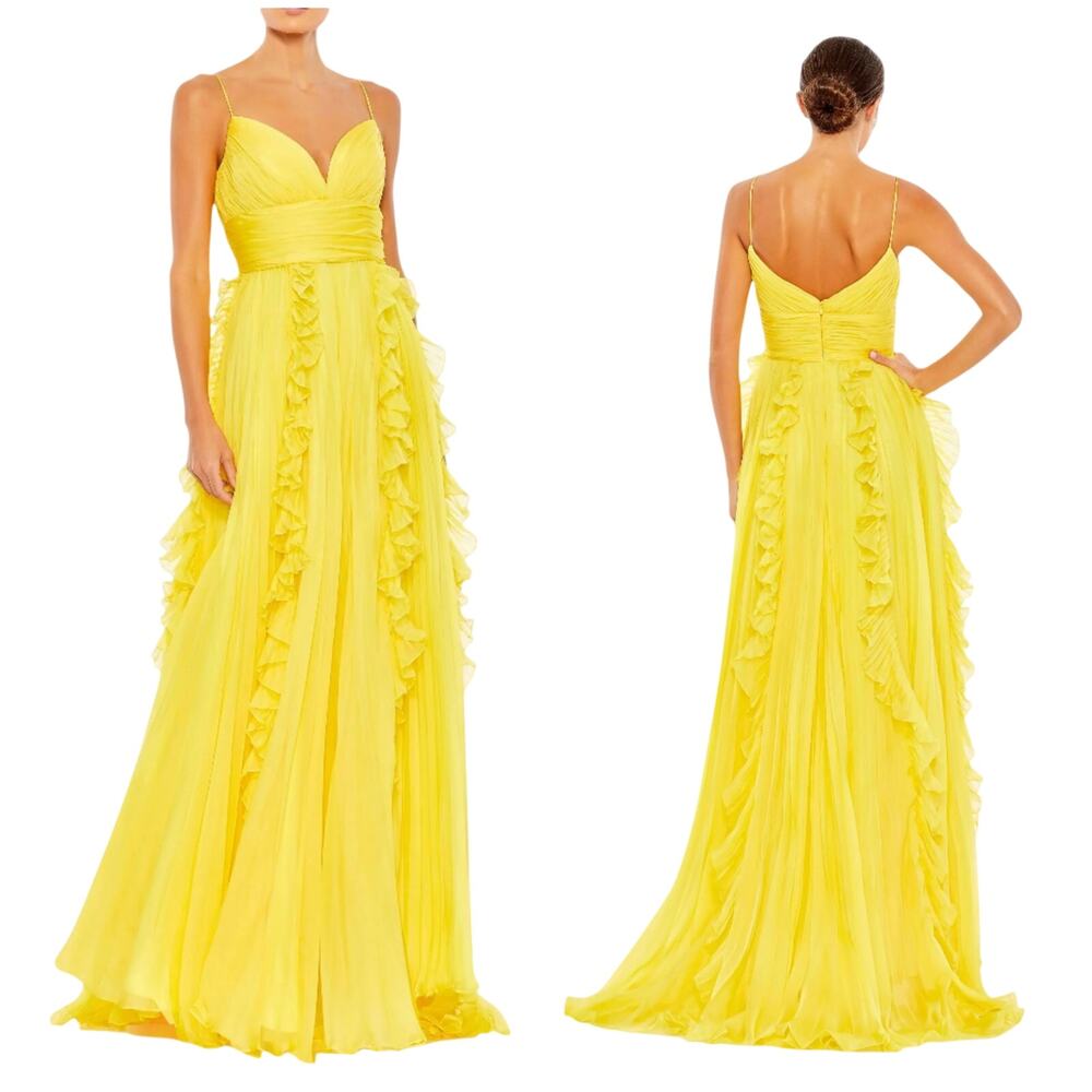 Mac Duggal NWT Yellow Pleated Sleeveless Flowy Gown Size 18 Chiffon Ruffle Trim